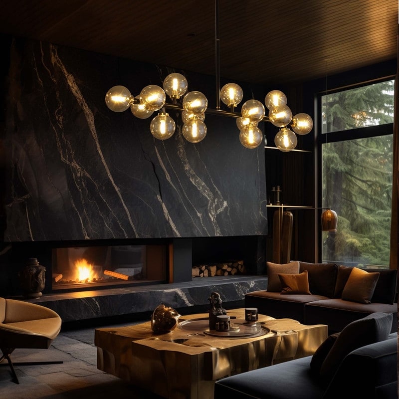 40 Zoll (ca. 102 cm) langer, linearer Kronleuchter im Mid-Century-Modern-Stil mit 16 Leuchten, goldfarbenem Messing, Sputnik-Pendelleuchte mit mattiertem Glaskugel für das Esszimmer