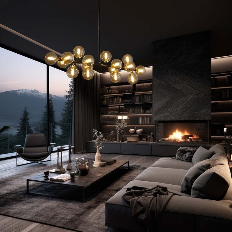 40 Zoll (ca. 102 cm) langer, linearer Kronleuchter im Mid-Century-Modern-Stil mit 16 Leuchten, goldfarbenem Messing, Sputnik-Pendelleuchte mit mattiertem Glaskugel für das Esszimmer