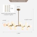 40 Zoll (ca. 102 cm) langer, linearer Kronleuchter im Mid-Century-Modern-Stil mit 16 Leuchten, goldfarbenem Messing, Sputnik-Pendelleuchte mit mattiertem Glaskugel für das Esszimmer