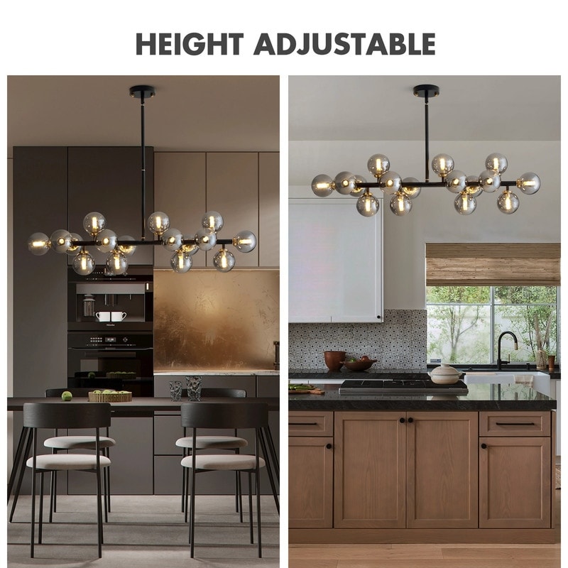 40 Zoll (ca. 102 cm) langer, linearer Kronleuchter im Mid-Century-Modern-Stil mit 16 Leuchten, goldfarbenem Messing, Sputnik-Pendelleuchte mit mattiertem Glaskugel für das Esszimmer