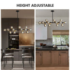 40 Zoll (ca. 102 cm) langer, linearer Kronleuchter im Mid-Century-Modern-Stil mit 16 Leuchten, goldfarbenem Messing, Sputnik-Pendelleuchte mit mattiertem Glaskugel für das Esszimmer