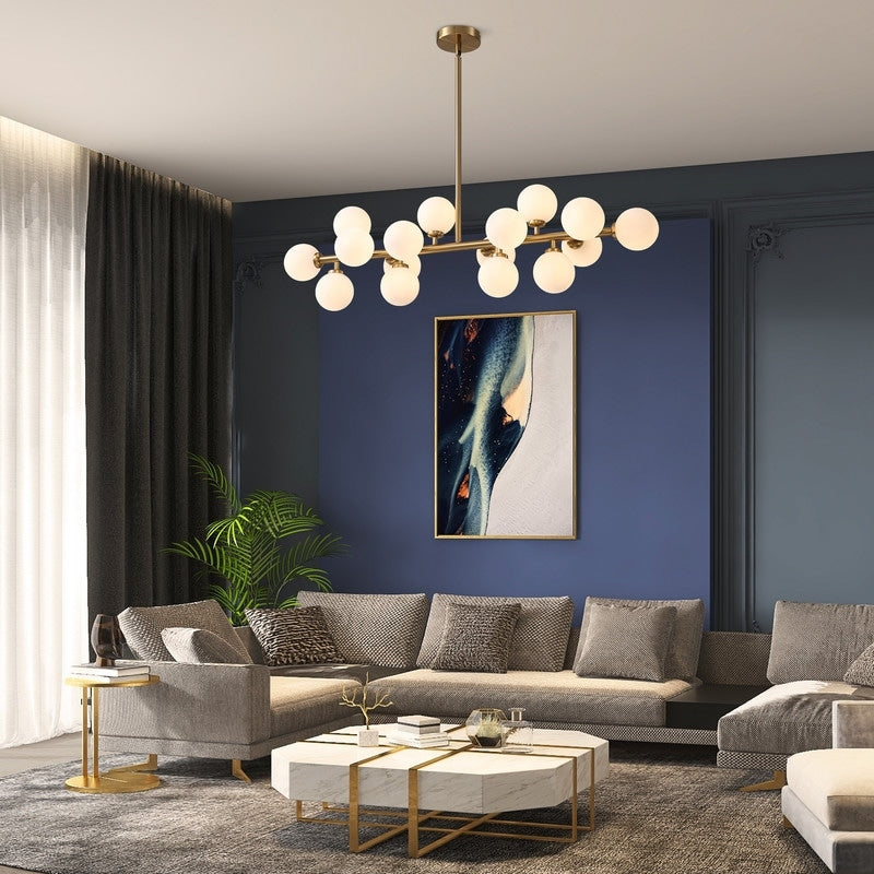 40 Zoll (ca. 102 cm) langer, linearer Kronleuchter im Mid-Century-Modern-Stil mit 16 Leuchten, goldfarbenem Messing, Sputnik-Pendelleuchte mit mattiertem Glaskugel für das Esszimmer