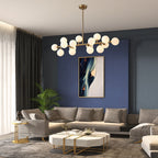 40 Zoll (ca. 102 cm) langer, linearer Kronleuchter im Mid-Century-Modern-Stil mit 16 Leuchten, goldfarbenem Messing, Sputnik-Pendelleuchte mit mattiertem Glaskugel für das Esszimmer