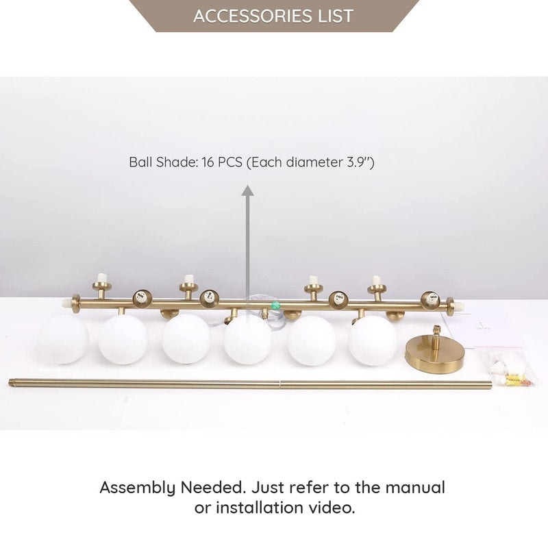 40 Zoll (ca. 102 cm) langer, linearer Kronleuchter im Mid-Century-Modern-Stil mit 16 Leuchten, goldfarbenem Messing, Sputnik-Pendelleuchte mit mattiertem Glaskugel für das Esszimmer