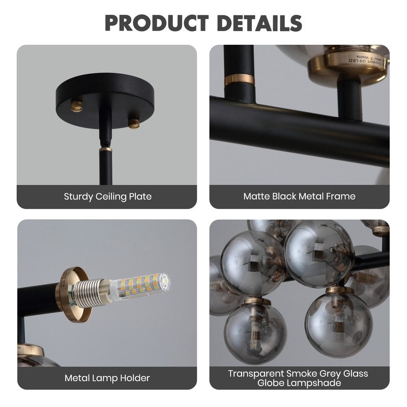 40 Zoll (ca. 102 cm) langer, linearer Kronleuchter im Mid-Century-Modern-Stil mit 16 Leuchten, goldfarbenem Messing, Sputnik-Pendelleuchte mit mattiertem Glaskugel für das Esszimmer