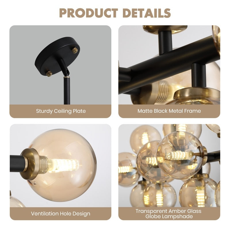 40 Zoll (ca. 102 cm) langer, linearer Kronleuchter im Mid-Century-Modern-Stil mit 16 Leuchten, goldfarbenem Messing, Sputnik-Pendelleuchte mit mattiertem Glaskugel für das Esszimmer