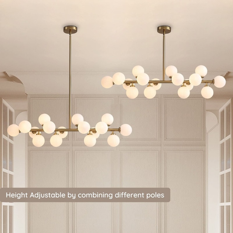 40 Zoll (ca. 102 cm) langer, linearer Kronleuchter im Mid-Century-Modern-Stil mit 16 Leuchten, goldfarbenem Messing, Sputnik-Pendelleuchte mit mattiertem Glaskugel für das Esszimmer