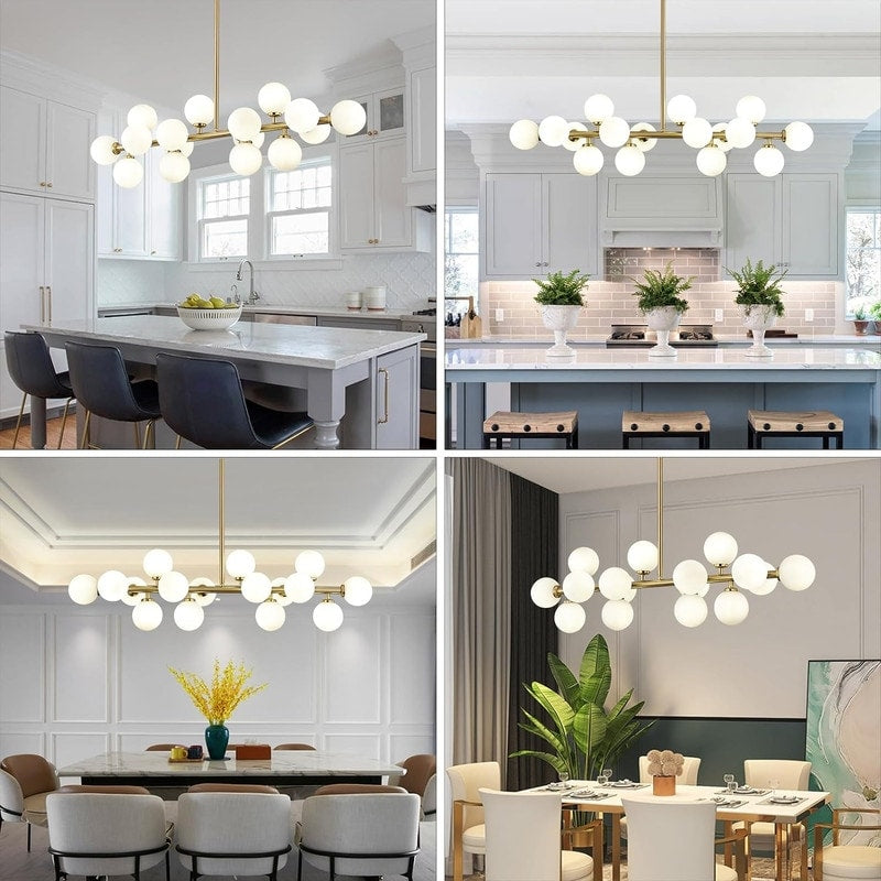 40 Zoll (ca. 102 cm) langer, linearer Kronleuchter im Mid-Century-Modern-Stil mit 16 Leuchten, goldfarbenem Messing, Sputnik-Pendelleuchte mit mattiertem Glaskugel für das Esszimmer