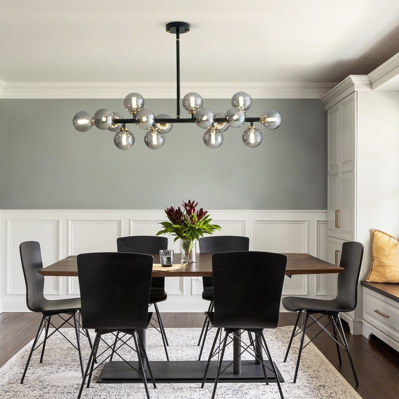 40 Zoll (ca. 102 cm) langer, linearer Kronleuchter im Mid-Century-Modern-Stil mit 16 Leuchten, goldfarbenem Messing, Sputnik-Pendelleuchte mit mattiertem Glaskugel für das Esszimmer