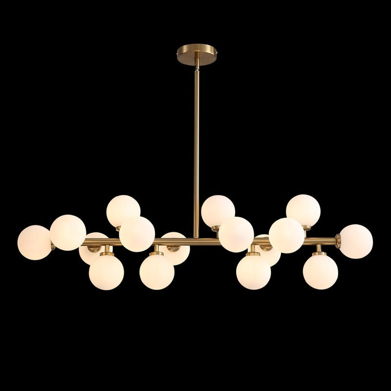 40 Zoll (ca. 102 cm) langer, linearer Kronleuchter im Mid-Century-Modern-Stil mit 16 Leuchten, goldfarbenem Messing, Sputnik-Pendelleuchte mit mattiertem Glaskugel für das Esszimmer
