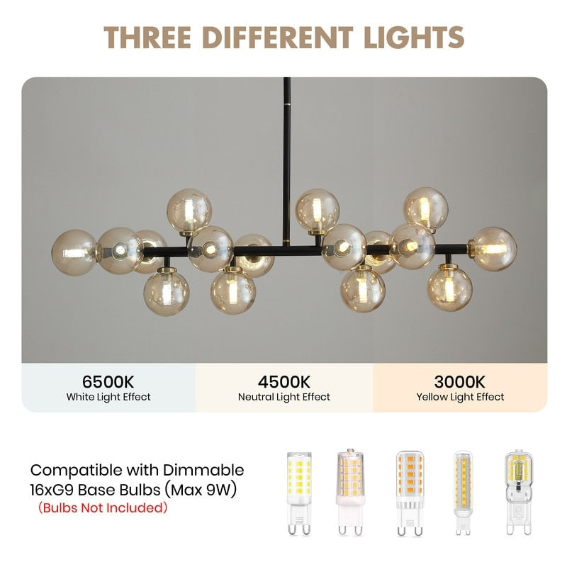 40 Zoll (ca. 102 cm) langer, linearer Kronleuchter im Mid-Century-Modern-Stil mit 16 Leuchten, goldfarbenem Messing, Sputnik-Pendelleuchte mit mattiertem Glaskugel für das Esszimmer