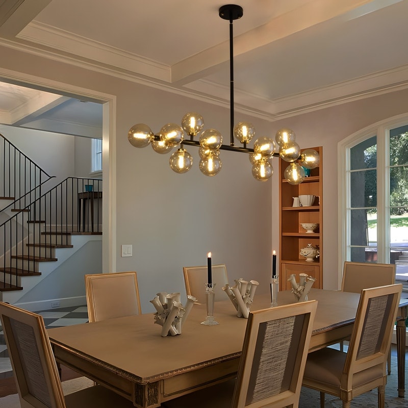 40 Zoll (ca. 102 cm) langer, linearer Kronleuchter im Mid-Century-Modern-Stil mit 16 Leuchten, goldfarbenem Messing, Sputnik-Pendelleuchte mit mattiertem Glaskugel für das Esszimmer