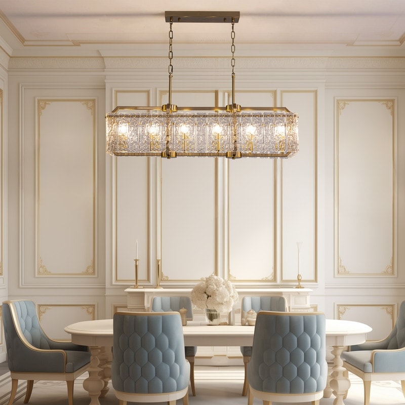 40 Zoll (ca. 102 cm) hoher, linearer, moderner Kristalllüster mit 16 Leuchten in Messing-Gold, rechteckig, für Esszimmer, Wohnzimmer und Kücheninsel