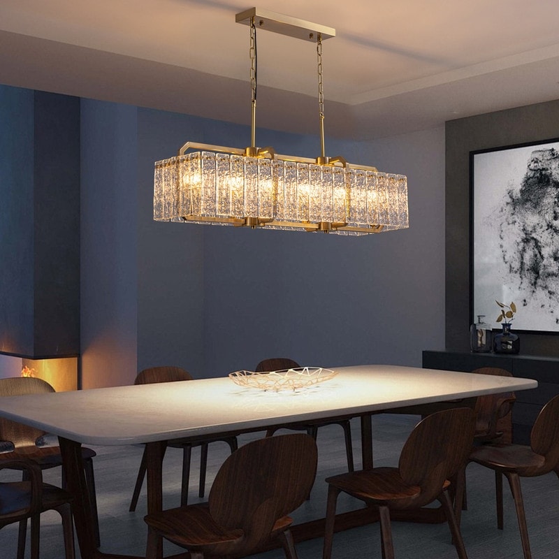 40 Zoll (ca. 102 cm) hoher, linearer, moderner Kristalllüster mit 16 Leuchten in Messing-Gold, rechteckig, für Esszimmer, Wohnzimmer und Kücheninsel