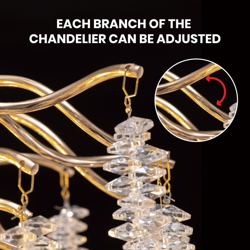 40 Zoll großer, moderner goldener Kristall-Kronleuchter in Baumzweigform, rechteckig, als Pendelleuchte für Kücheninseln im Esszimmer geeignet.