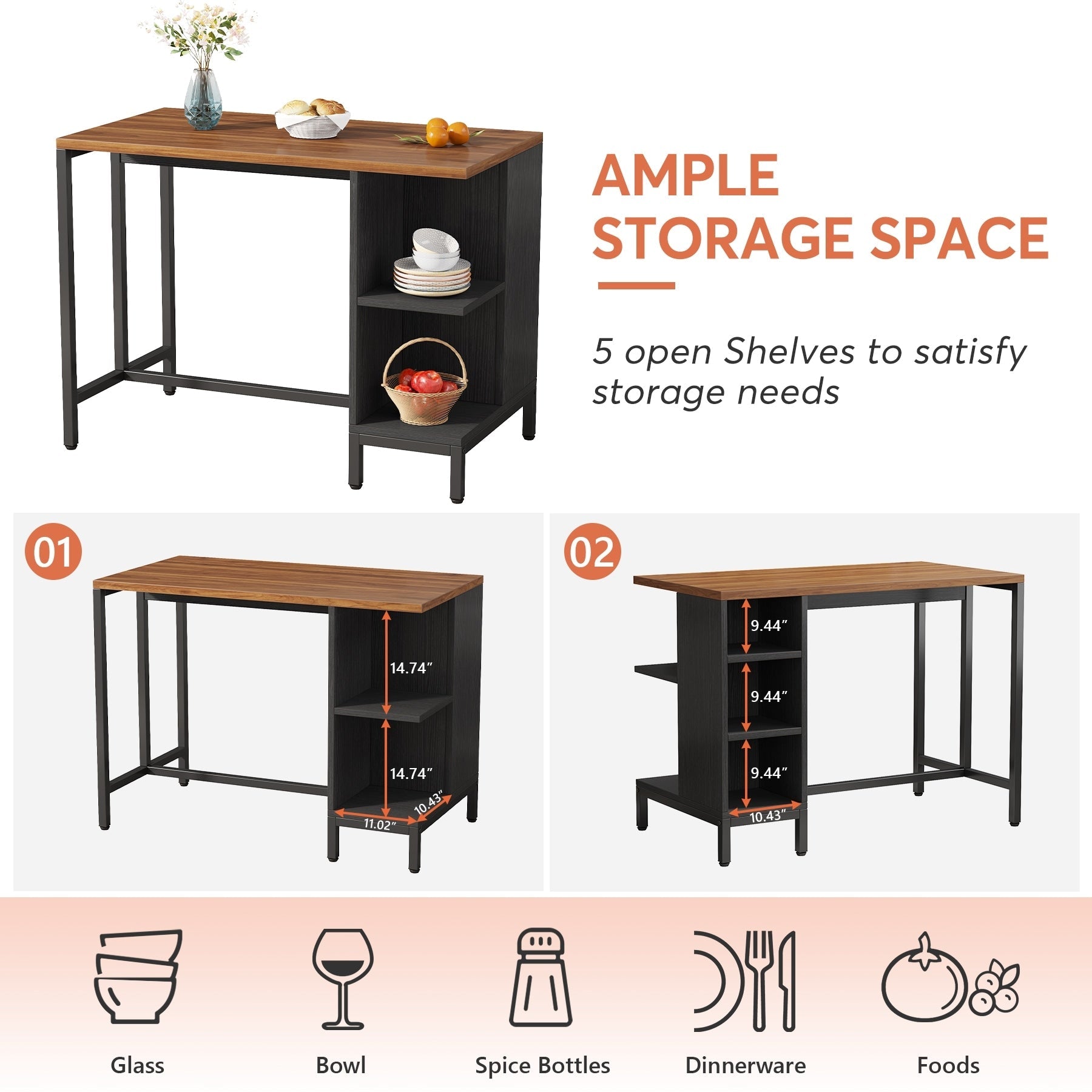 43 cm breite Kücheninsel, Küchentheke mit 5 offenen Regalen