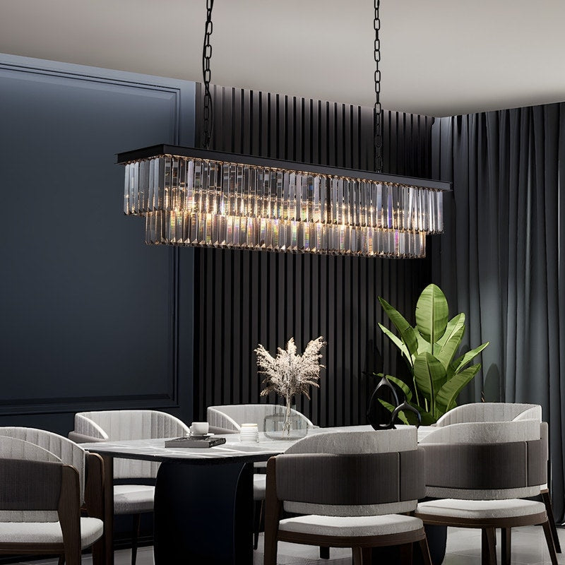 47 Zoll (119 cm) großer, moderner Kristall-Kronleuchter in Rauchgrau und Schwarz, zweistufige lineare Pendelleuchte für Kücheninseln und Esszimmer