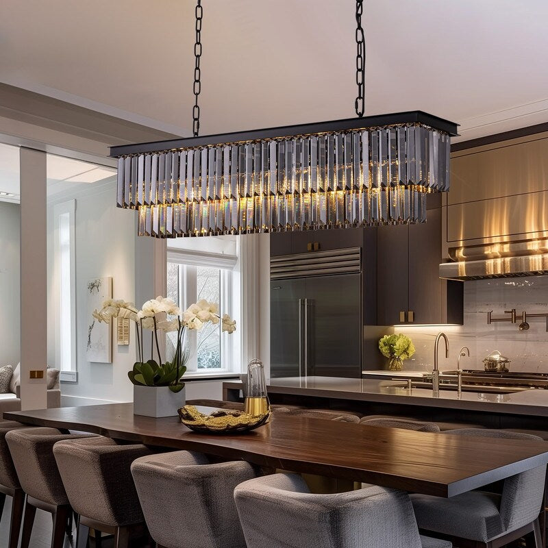 47 Zoll (119 cm) großer, moderner Kristall-Kronleuchter in Rauchgrau und Schwarz, zweistufige lineare Pendelleuchte für Kücheninseln und Esszimmer