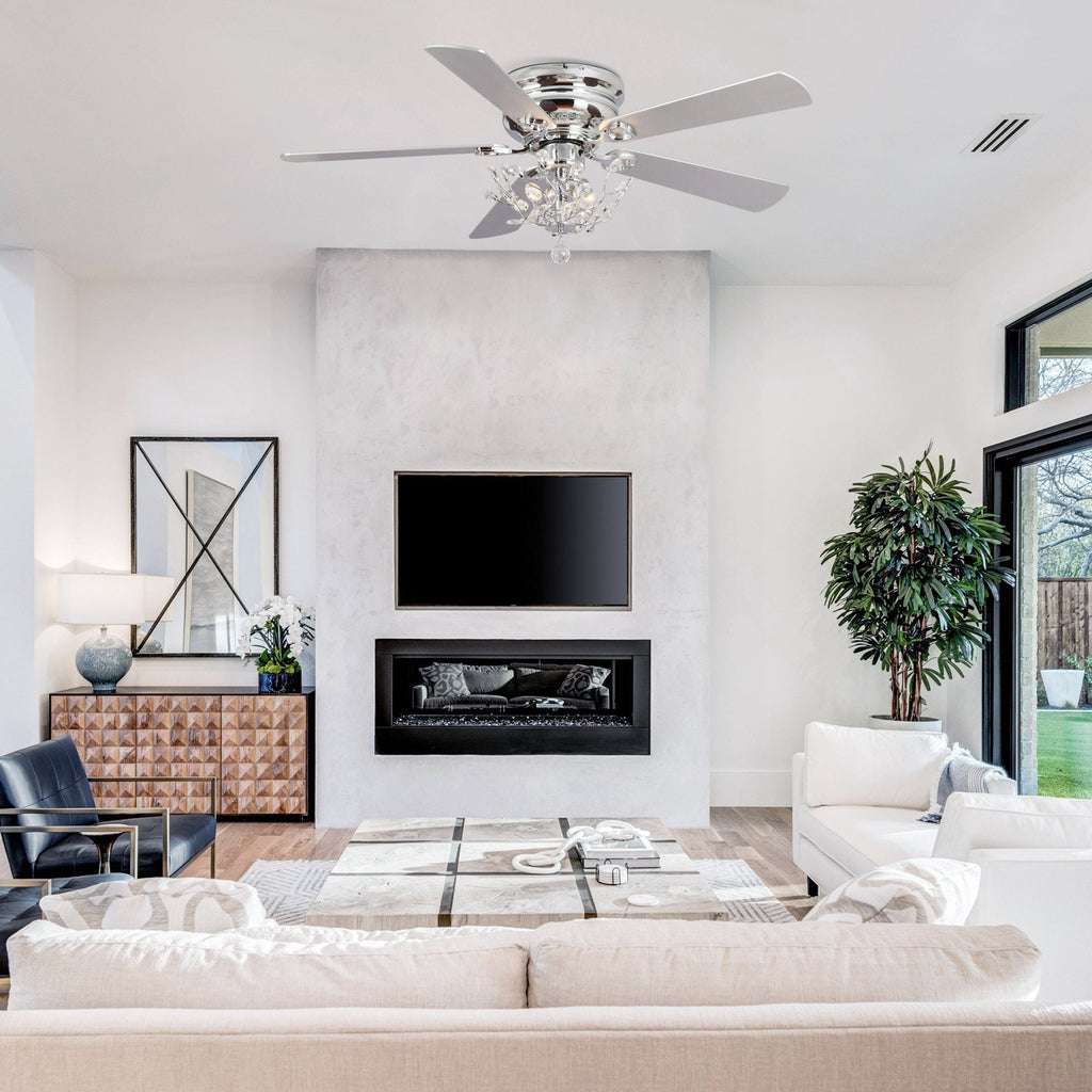 48-Zoll-Deckenventilator mit 5 Flügeln, Kristalloptik, reversibel, zur flächenbündigen Montage, inklusive Fernbedienung