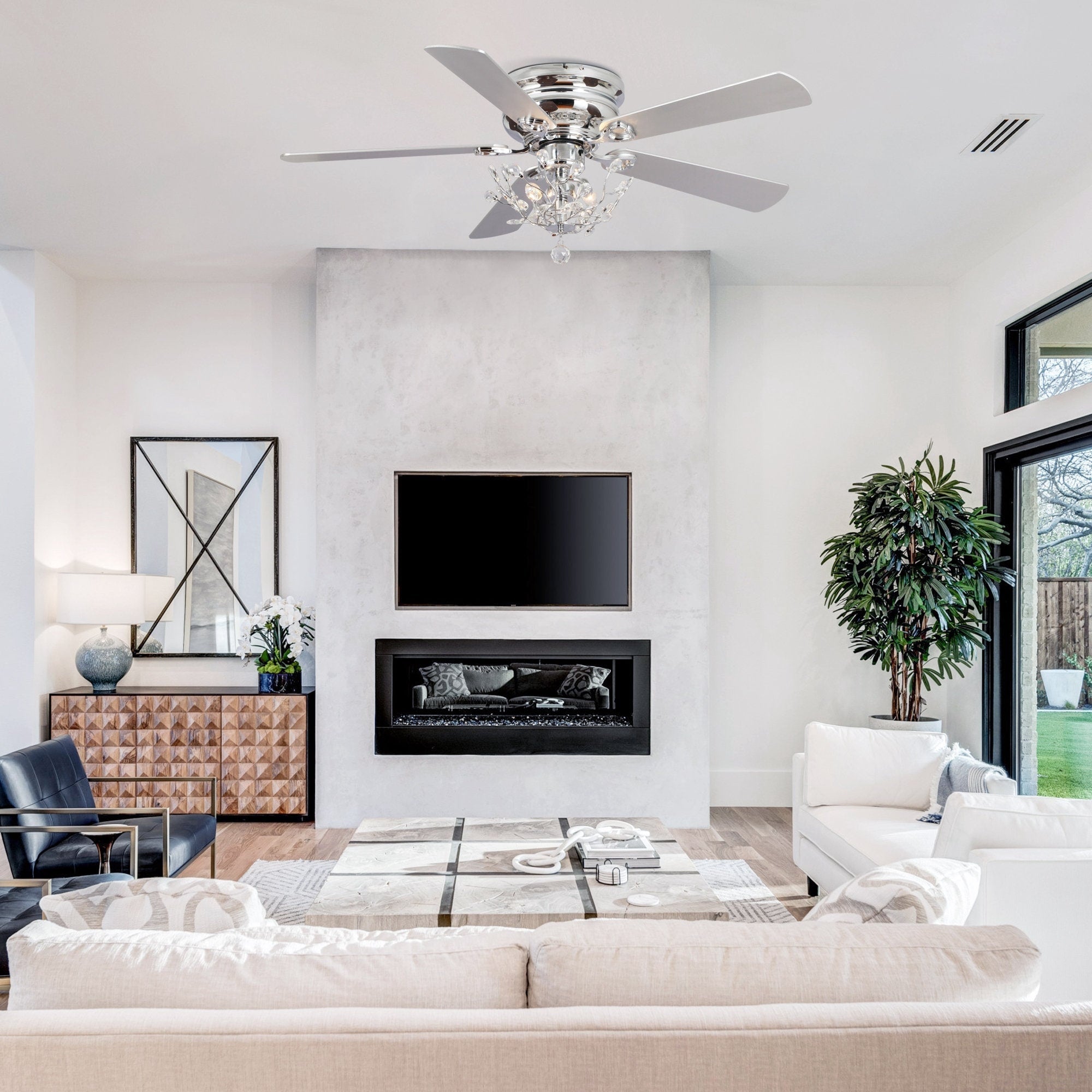 48-Zoll-Deckenventilator mit 5 Flügeln, Kristalloptik, reversibel, zur flächenbündigen Montage, inklusive Fernbedienung