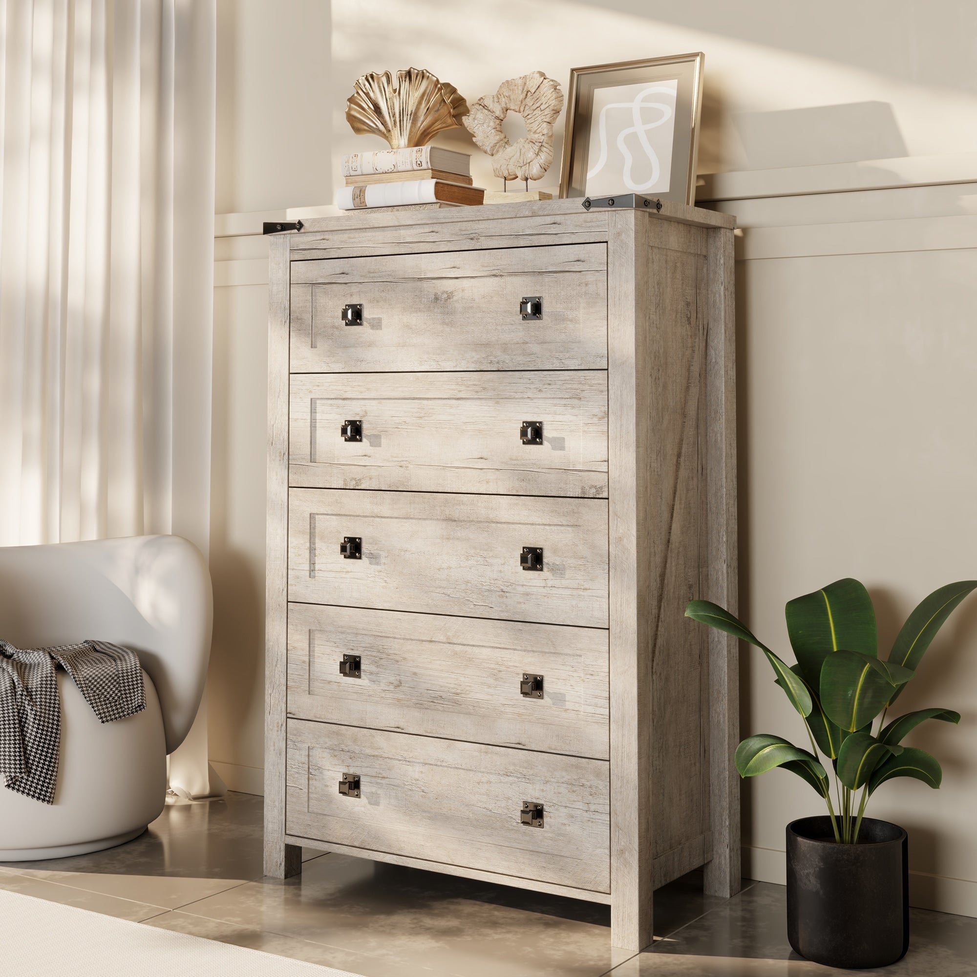 48 Zoll hohe Landhaus-Kommode aus Holz mit 5 Schubladen, Schubladenschrank fürs Schlafzimmer