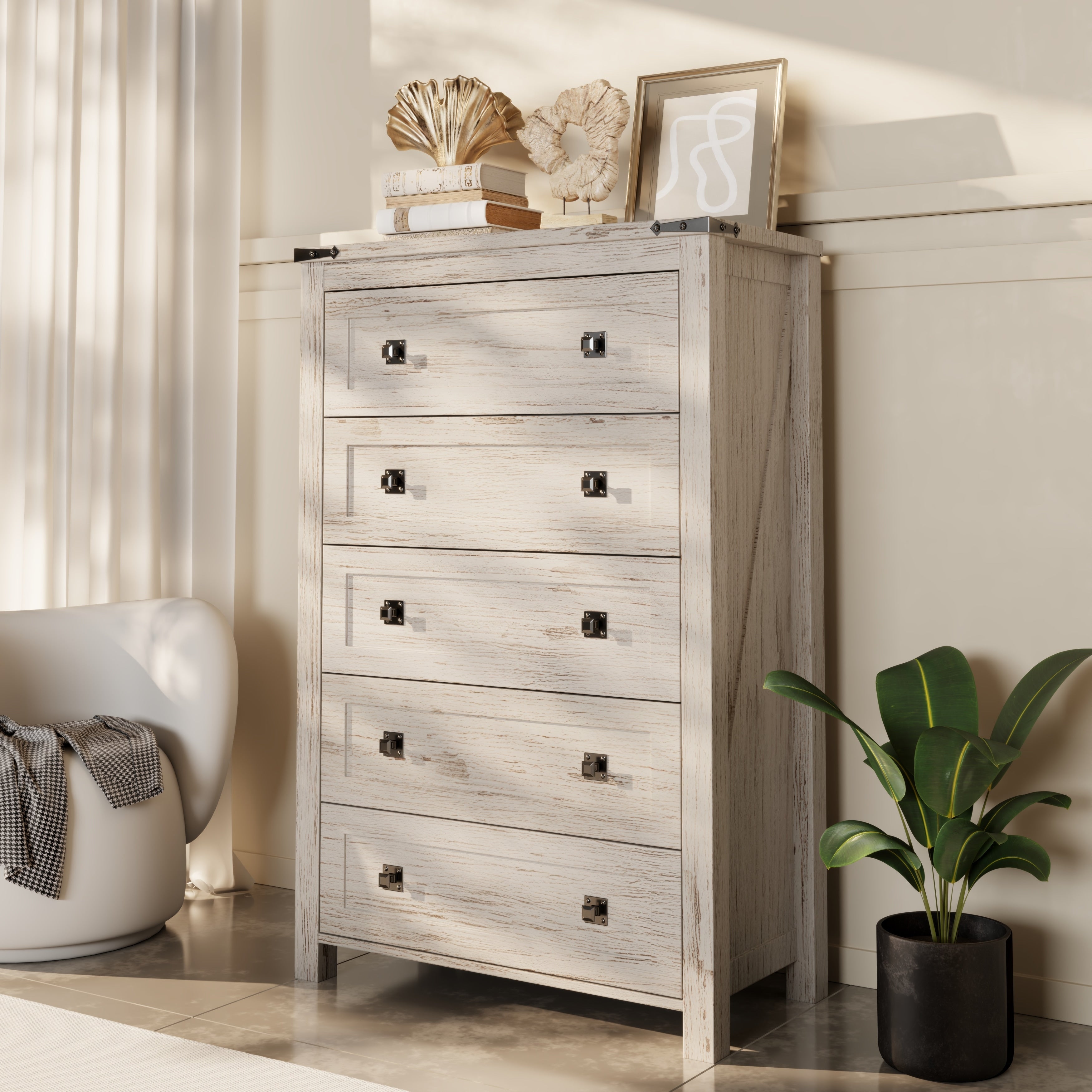 48 Zoll hohe Landhaus-Kommode aus Holz mit 5 Schubladen, Schubladenschrank fürs Schlafzimmer