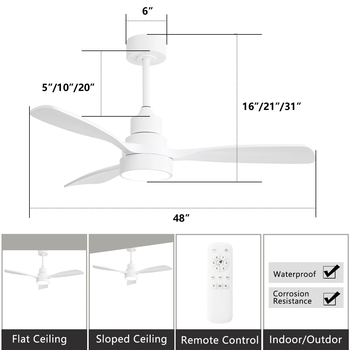 48- und 52-Zoll-LED-Deckenventilator mit integrierter Beleuchtung und Fernbedienung, reversibler Gleichstrommotor