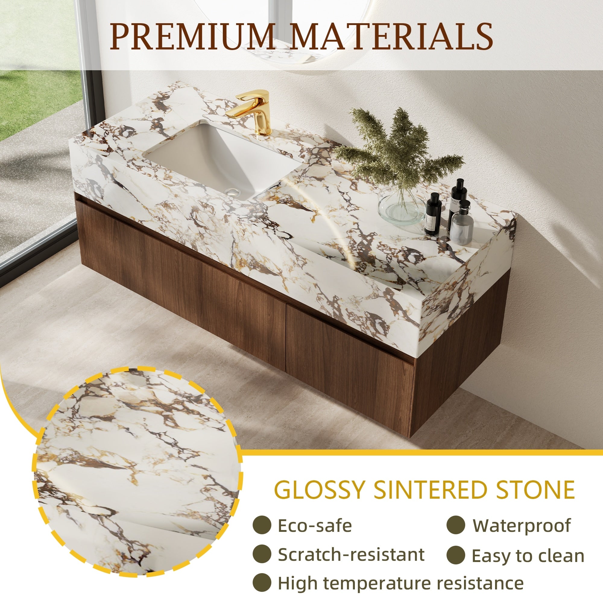 Moderne 48-Zoll-Einzelwaschtische aus Massivholz mit glänzender Marmorimitat-Arbeitsplatte.