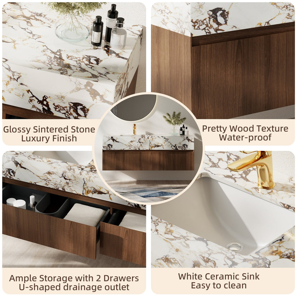 Moderne 48-Zoll-Einzelwaschtische aus Massivholz mit glänzender Marmorimitat-Arbeitsplatte.