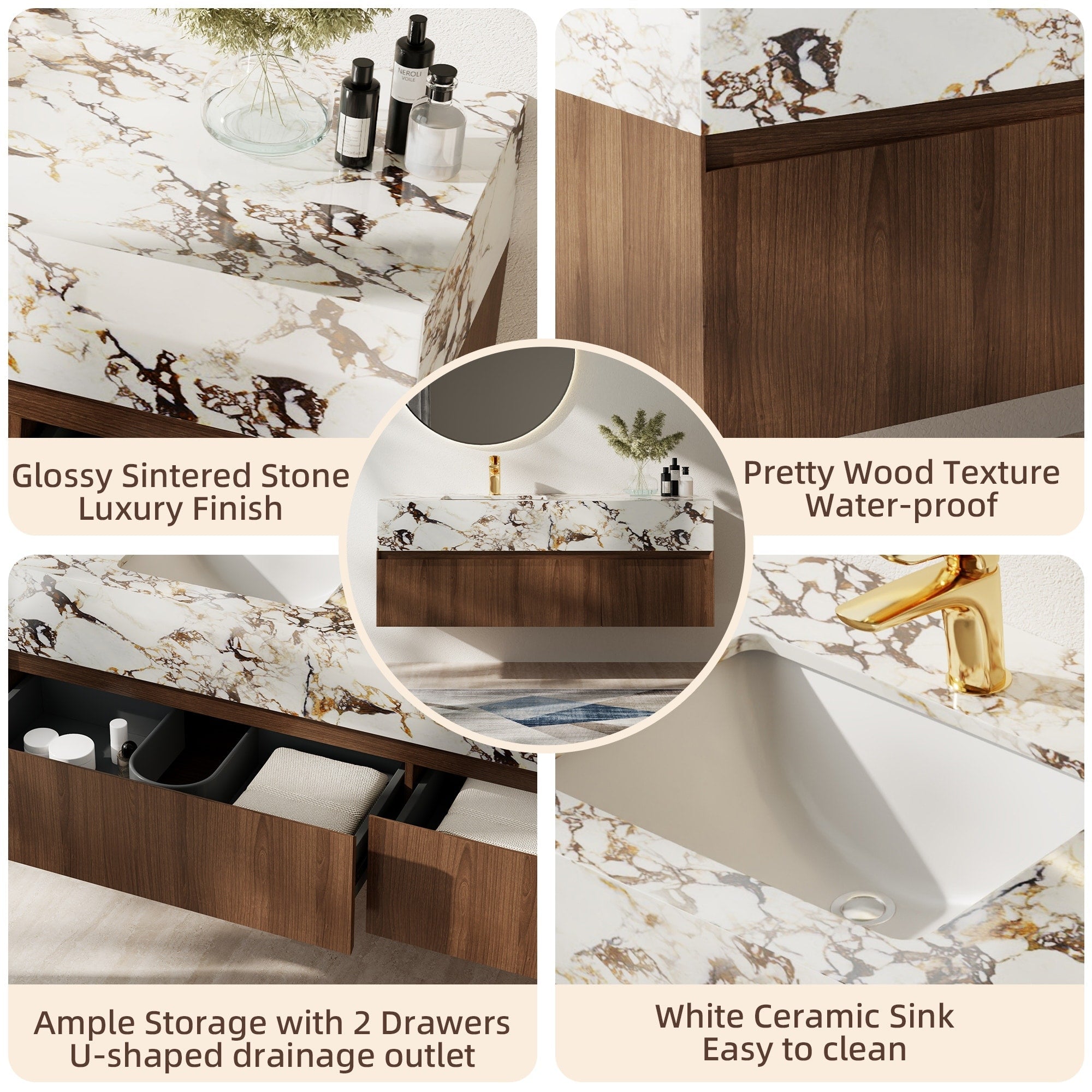 Moderne 48-Zoll-Einzelwaschtische aus Massivholz mit glänzender Marmorimitat-Arbeitsplatte.