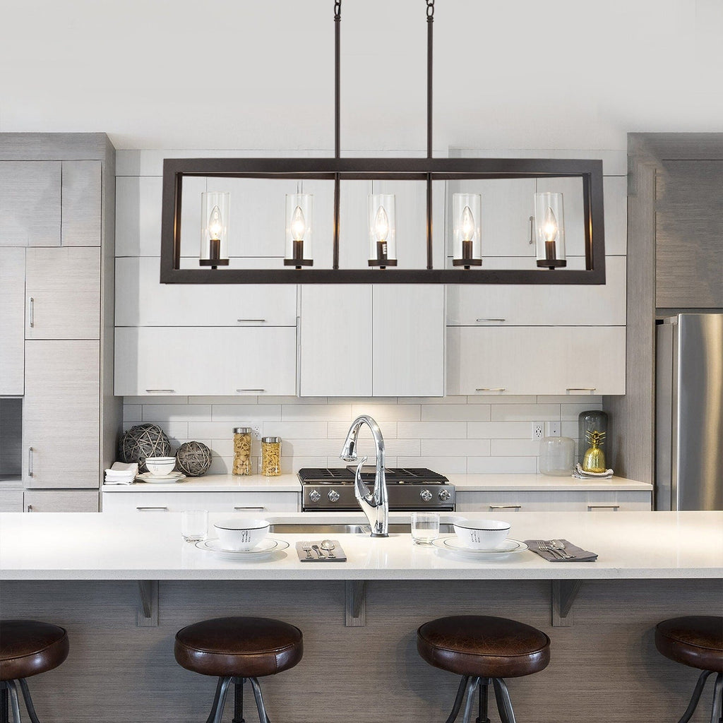 Moderner, 5-flammiger, linearer Industrie-Kronleuchter für Esszimmer, Landhausstil, Zylinderförmiger Kronleuchter aus Klarglas, Kücheninselbeleuchtung