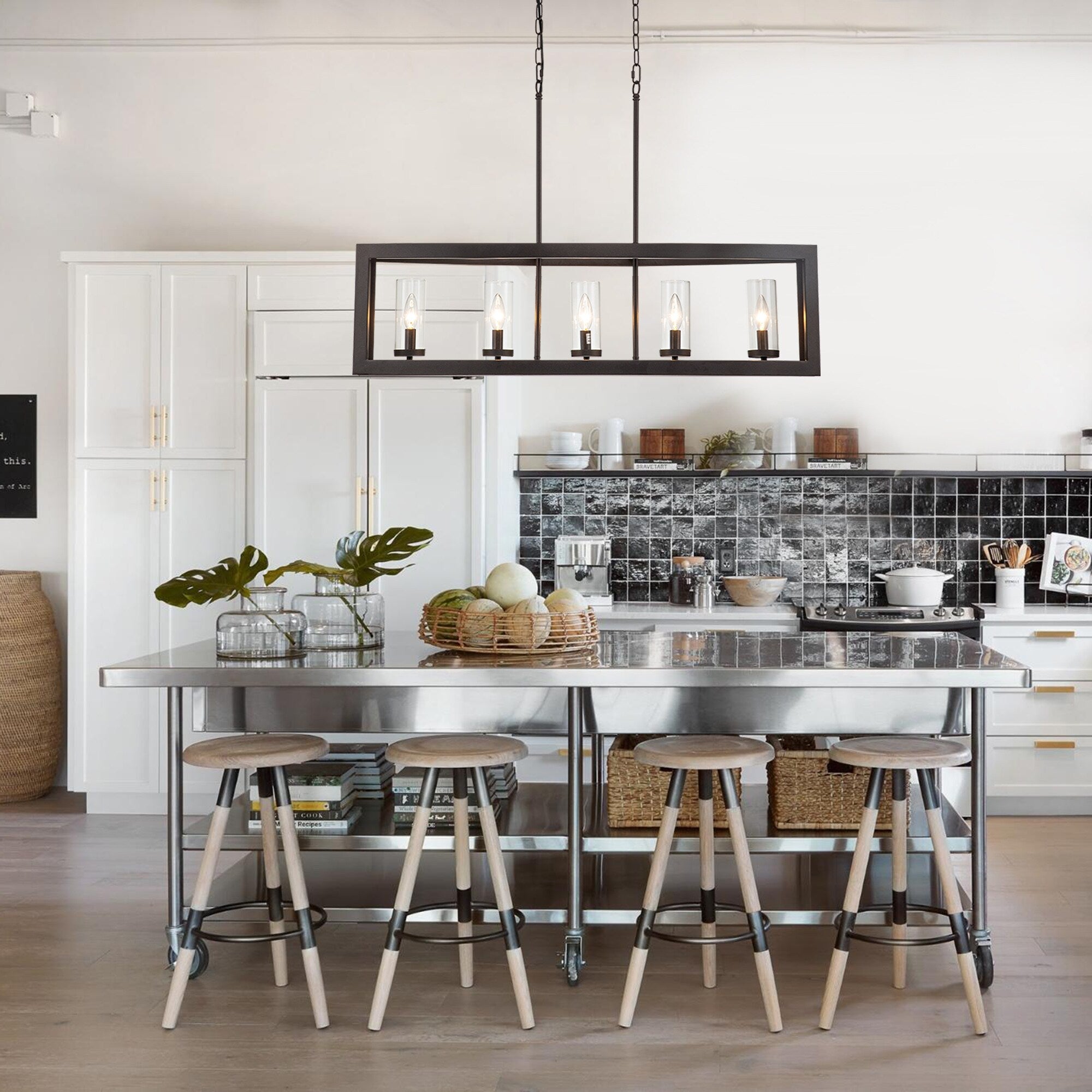 Moderner, 5-flammiger, linearer Industrie-Kronleuchter für Esszimmer, Landhausstil, Zylinderförmiger Kronleuchter aus Klarglas, Kücheninselbeleuchtung