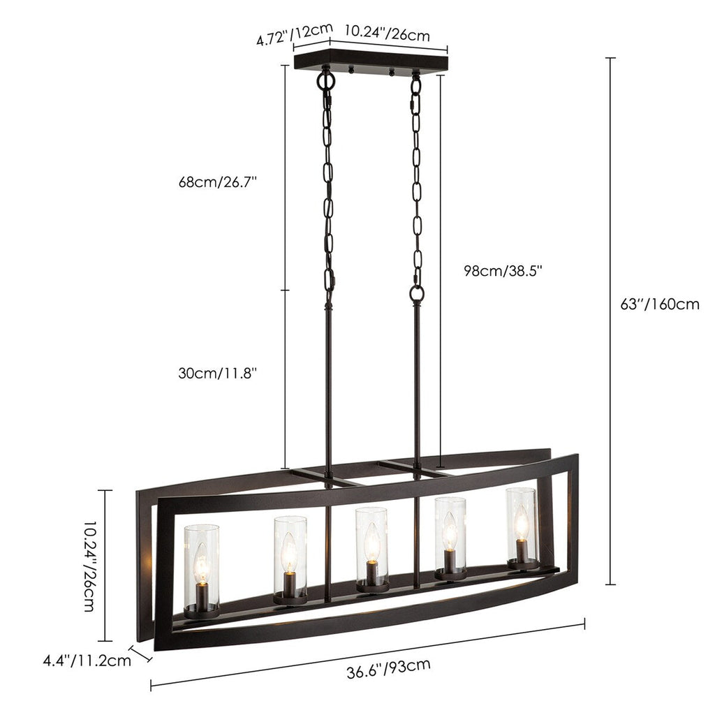 5-flammige, lineare Kücheninsel-Pendelleuchte im Mid-Century-Modern-Industriestil mit rechteckigem Glasrand im Vintage-Stil