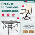 5-teiliges Essset aus Metall für den Außenbereich mit quadratischem Tisch und drehbaren Textilene-Stühlen