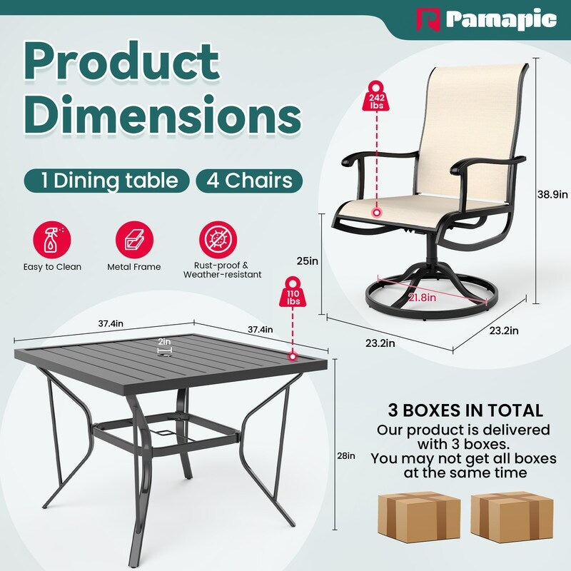 5-teiliges Essset aus Metall für den Außenbereich mit quadratischem Tisch und drehbaren Textilene-Stühlen