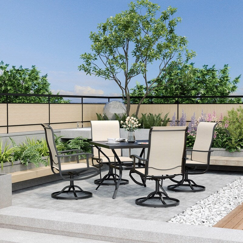 5-teiliges Essset aus Metall für den Außenbereich mit quadratischem Tisch und drehbaren Textilene-Stühlen