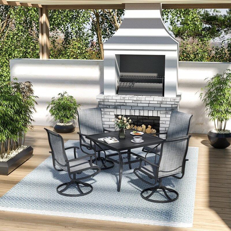 5-teiliges Essset aus Metall für den Außenbereich mit quadratischem Tisch und drehbaren Textilene-Stühlen