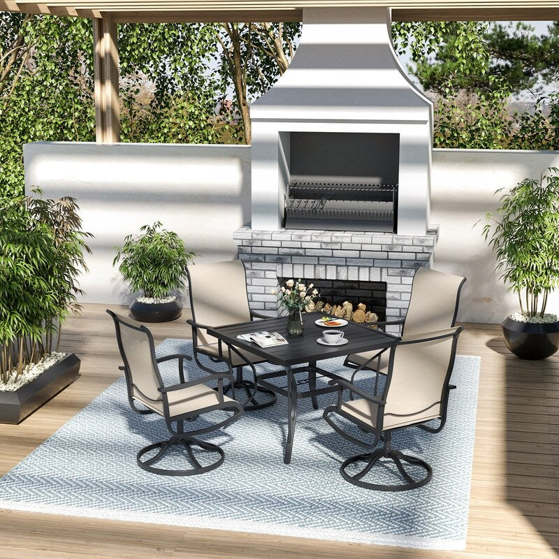 5-teiliges Essset aus Metall für den Außenbereich mit quadratischem Tisch und drehbaren Textilene-Stühlen