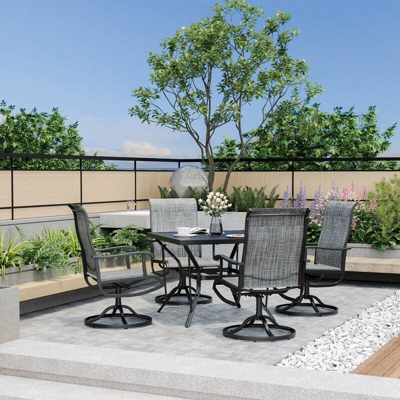 5-teiliges Essset aus Metall für den Außenbereich mit quadratischem Tisch und drehbaren Textilene-Stühlen