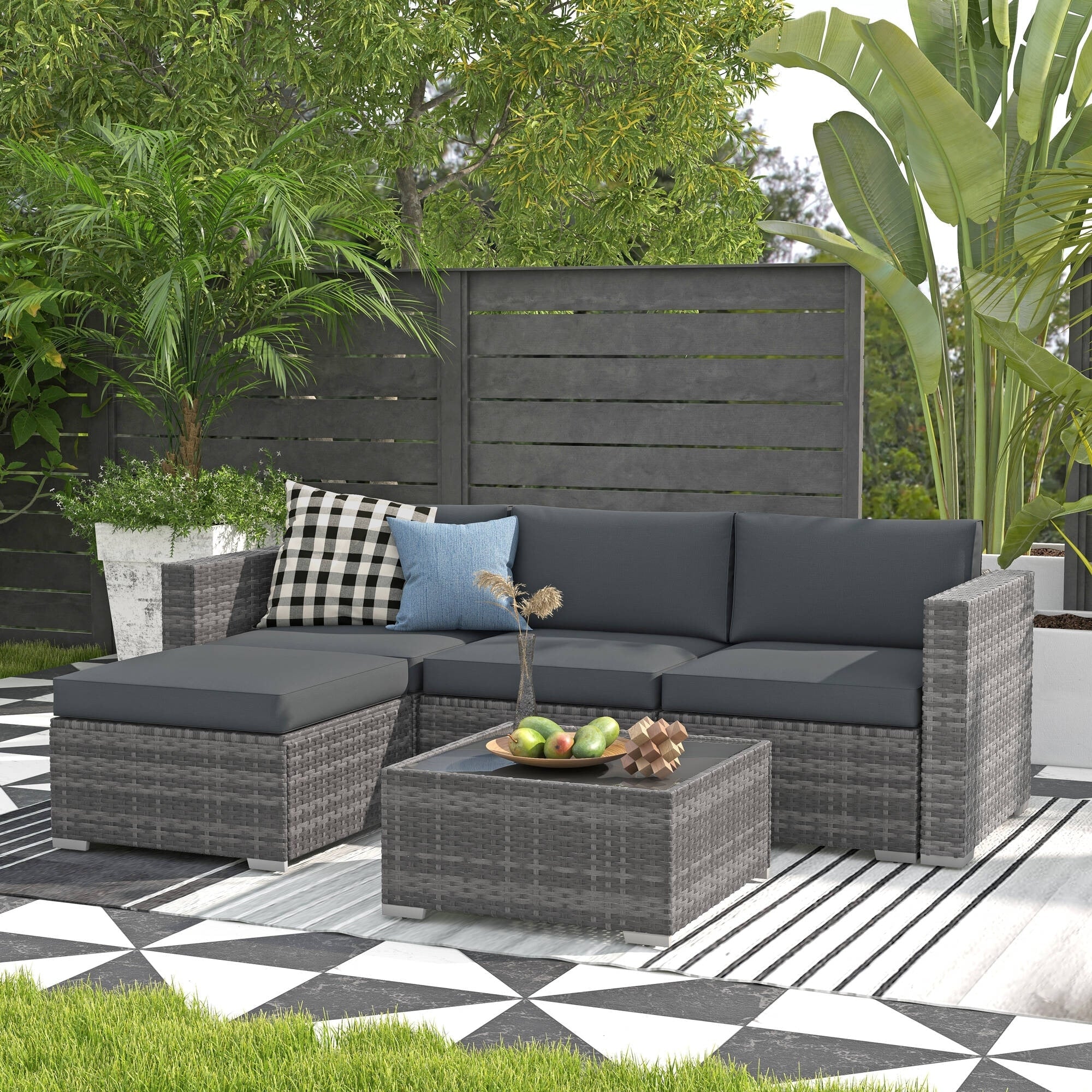 5-teiliges Outdoor-Ecksofa-Set aus Rattan mit Kissen
