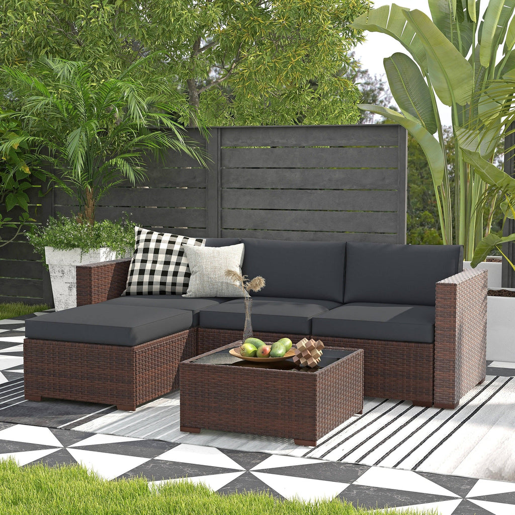 5-teiliges Outdoor-Ecksofa-Set aus Rattan mit Kissen