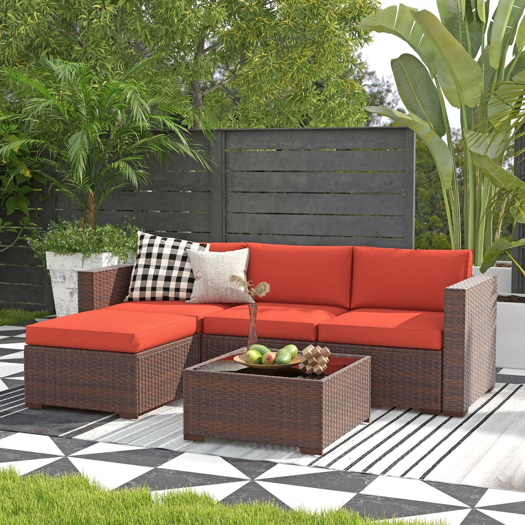 5-teiliges Outdoor-Ecksofa-Set aus Rattan mit Kissen