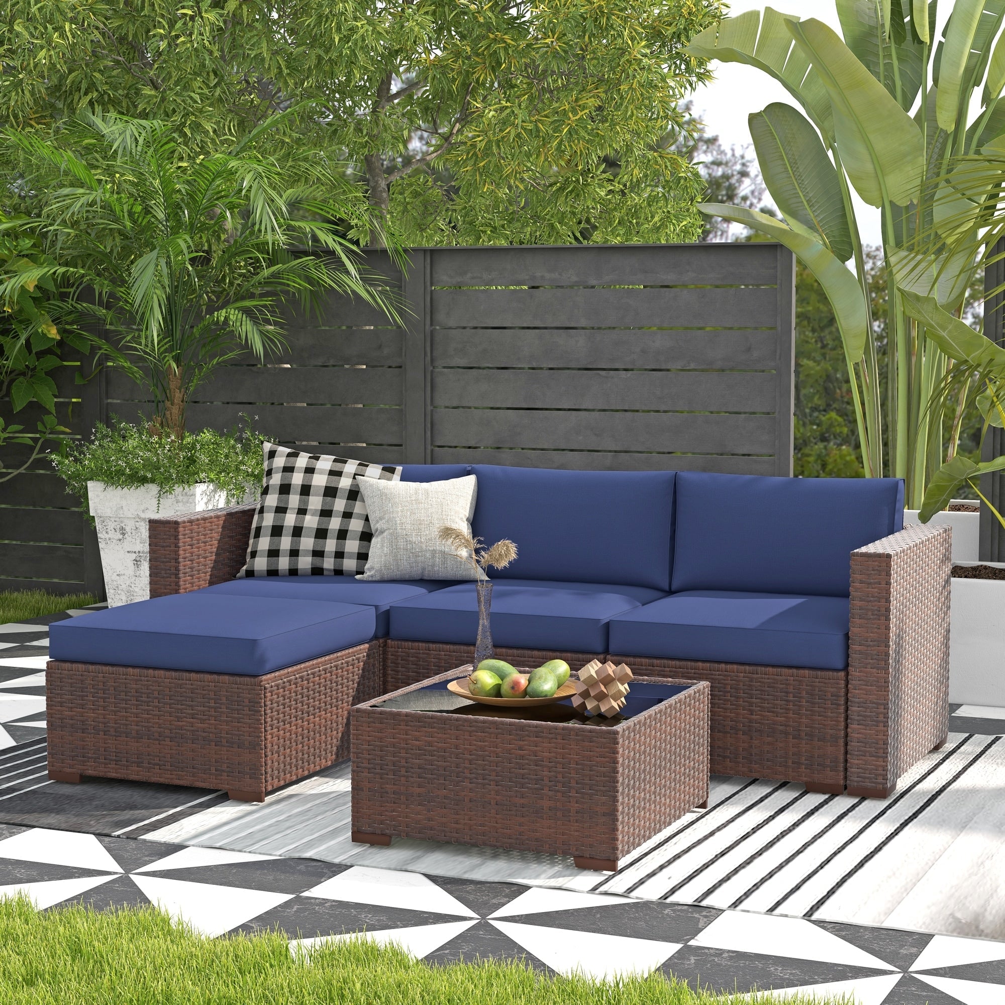 5-teiliges Outdoor-Ecksofa-Set aus Rattan mit Kissen