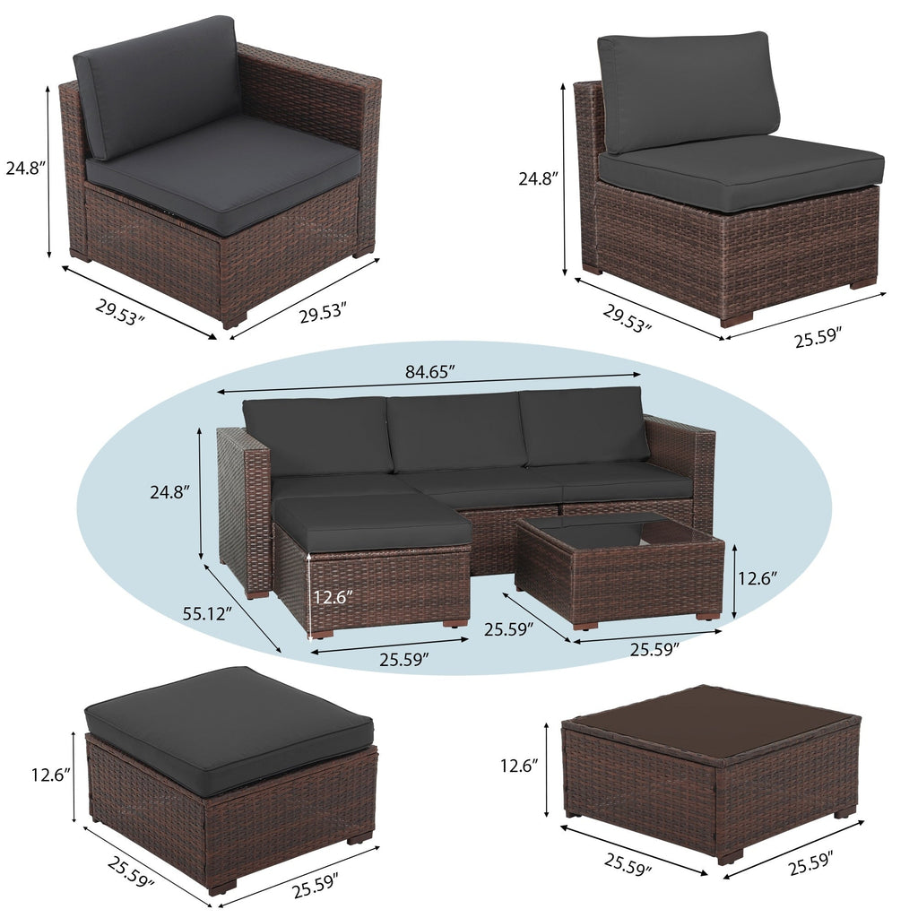 5-teiliges Outdoor-Ecksofa-Set aus Rattan mit Kissen