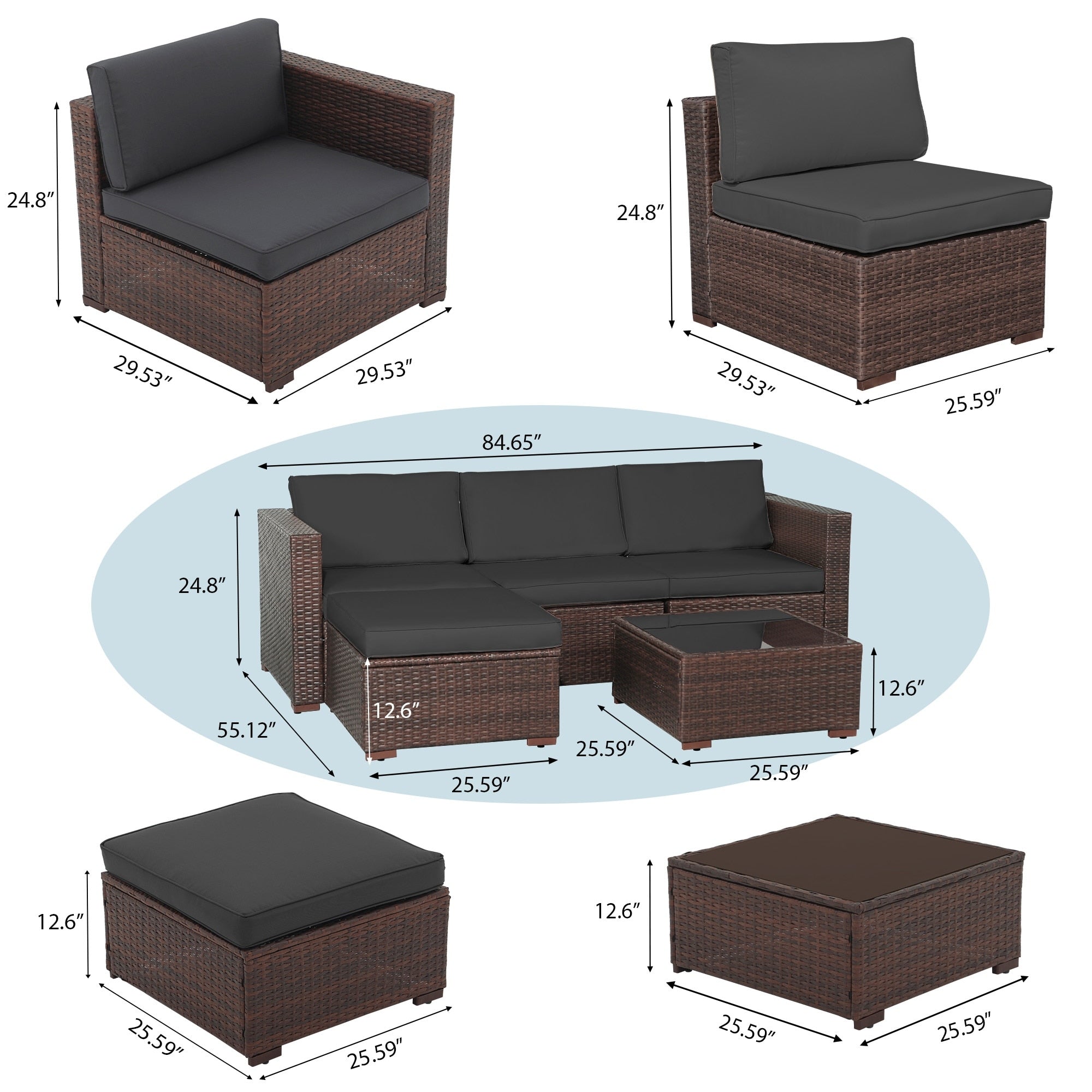 5-teiliges Outdoor-Ecksofa-Set aus Rattan mit Kissen