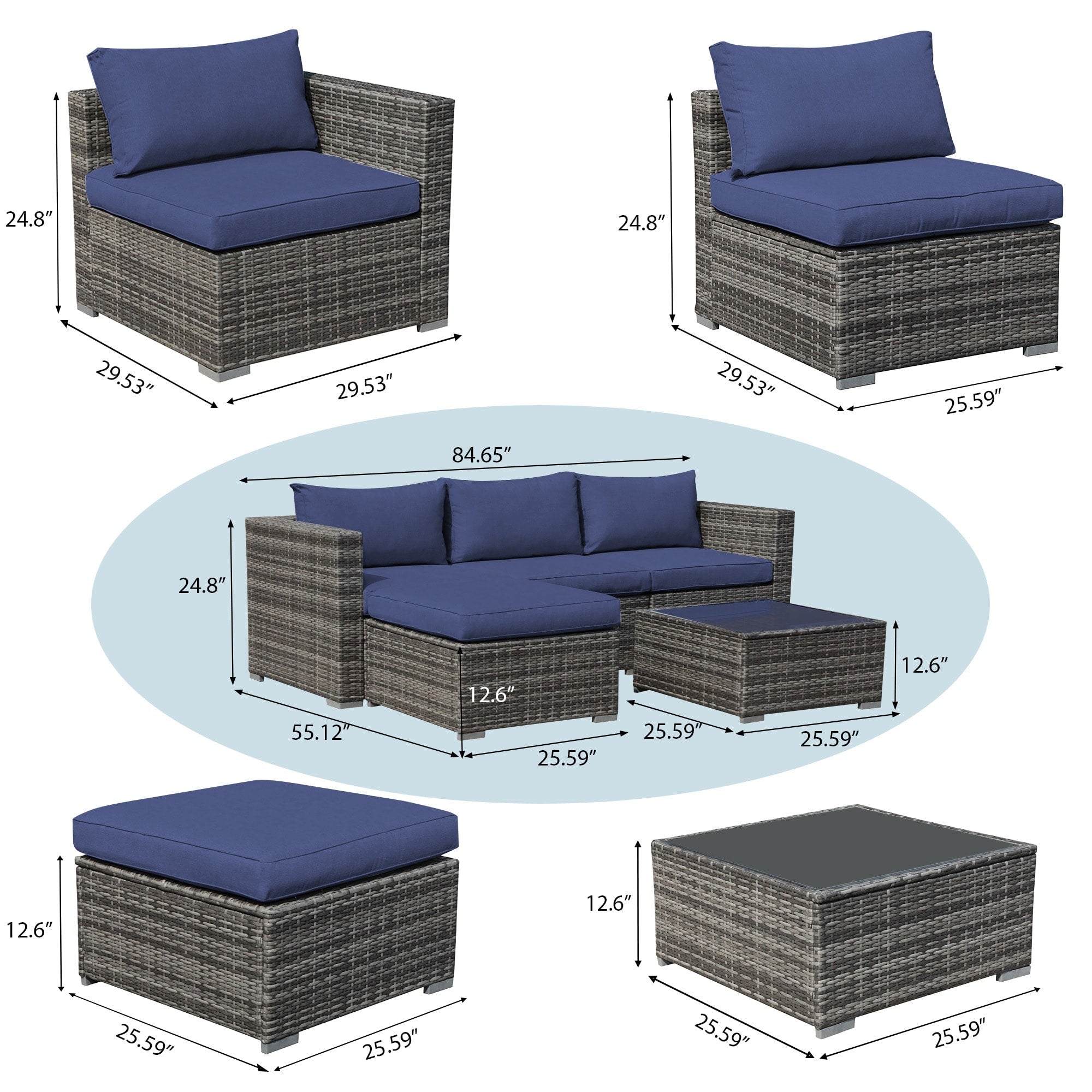 5-teiliges Outdoor-Ecksofa-Set aus Rattan mit Kissen