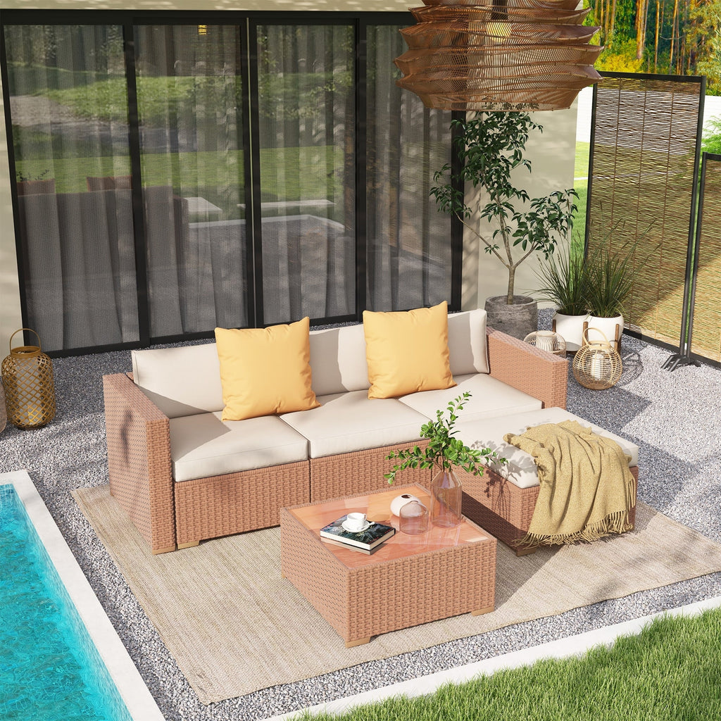 5-teiliges Outdoor-Ecksofa-Set aus Rattan mit Kissen