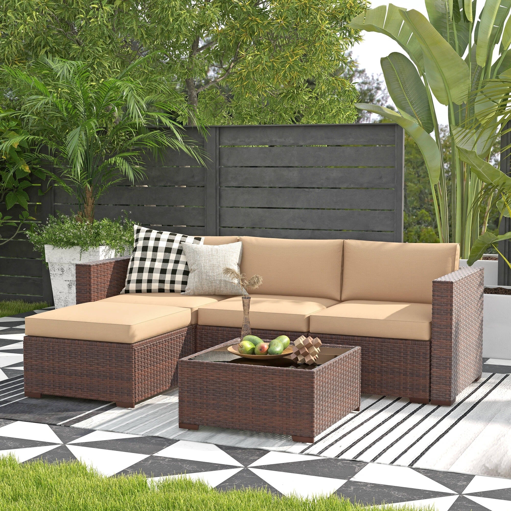 5-teiliges Outdoor-Ecksofa-Set aus Rattan mit Kissen