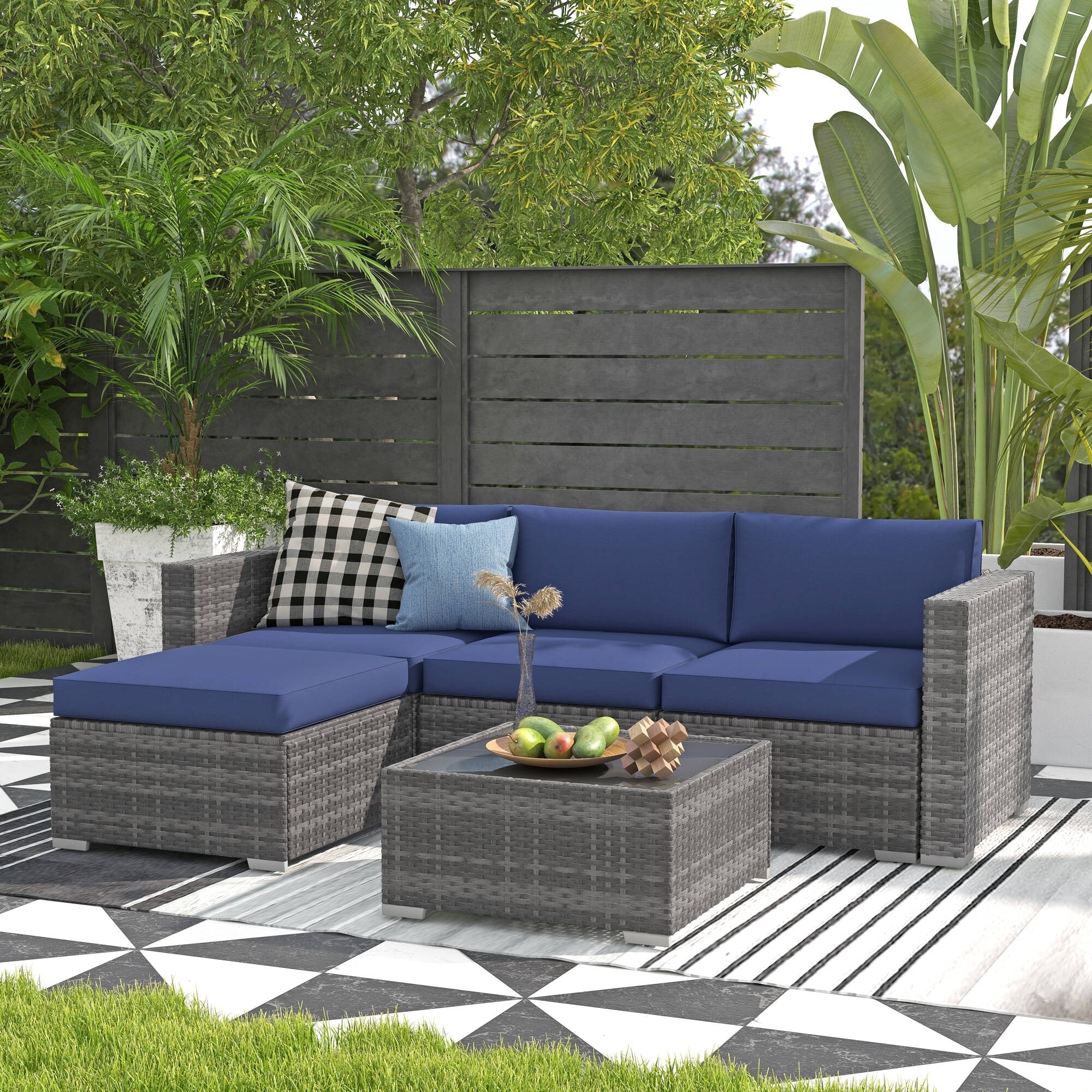 5-teiliges Outdoor-Ecksofa-Set aus Rattan mit Kissen