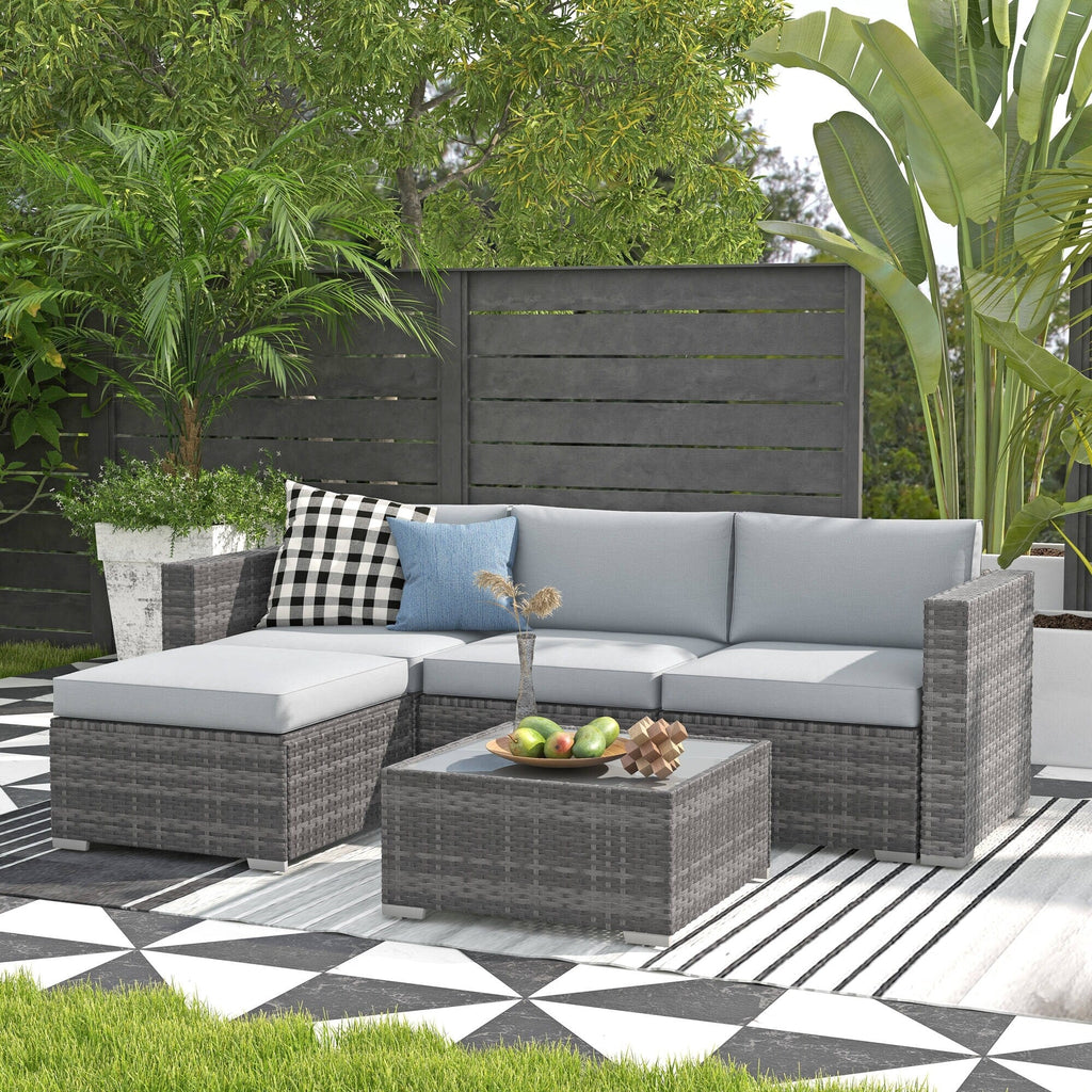 5-teiliges Outdoor-Ecksofa-Set aus Rattan mit Kissen